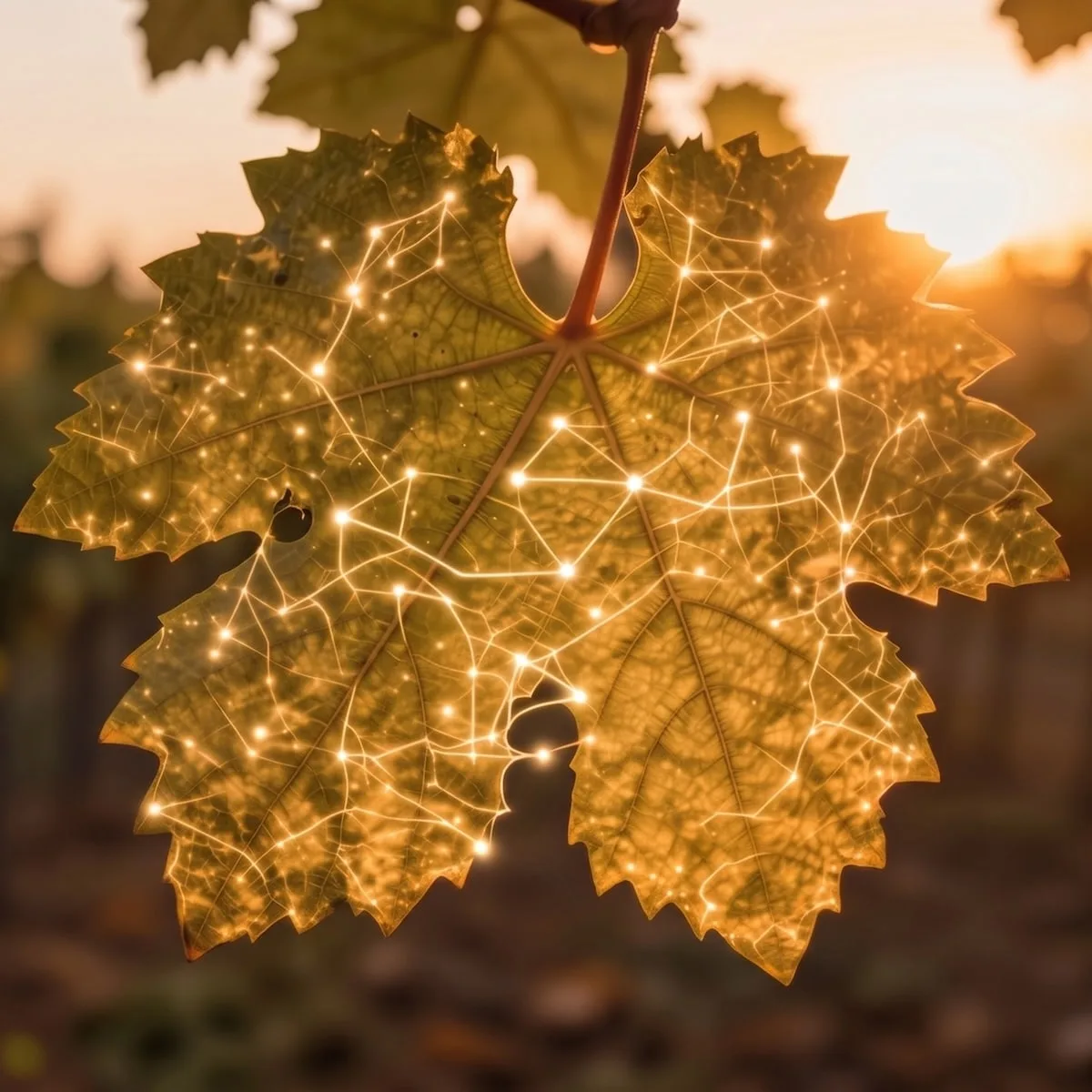 Une feuille de vigne à contre-jour, ses nervures parcourues par un réseau de points lumineux et de lignes évoquant un algorithme, sur fond de vignoble flou au soleil couchant.
